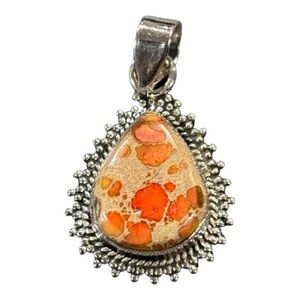925 Sterling Silver Orange Jasper Teardrop Gemstone Pendant